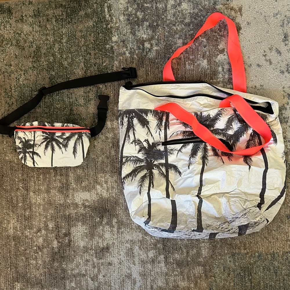 Aloha Palm Tree Print Tote and Waist Belt Bag Set